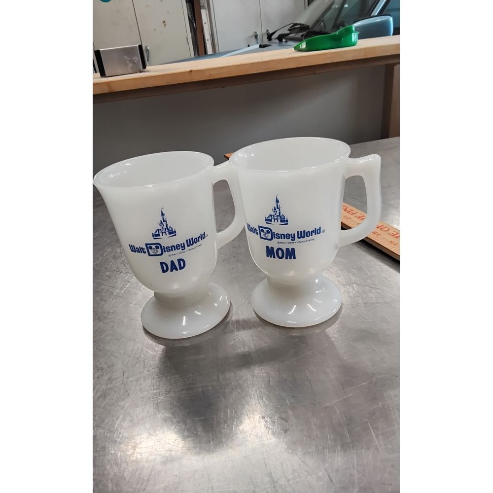 Disney World Mom & Dad Milk Glass Pedestal Mug Set Vintage Castle Logo Collectib